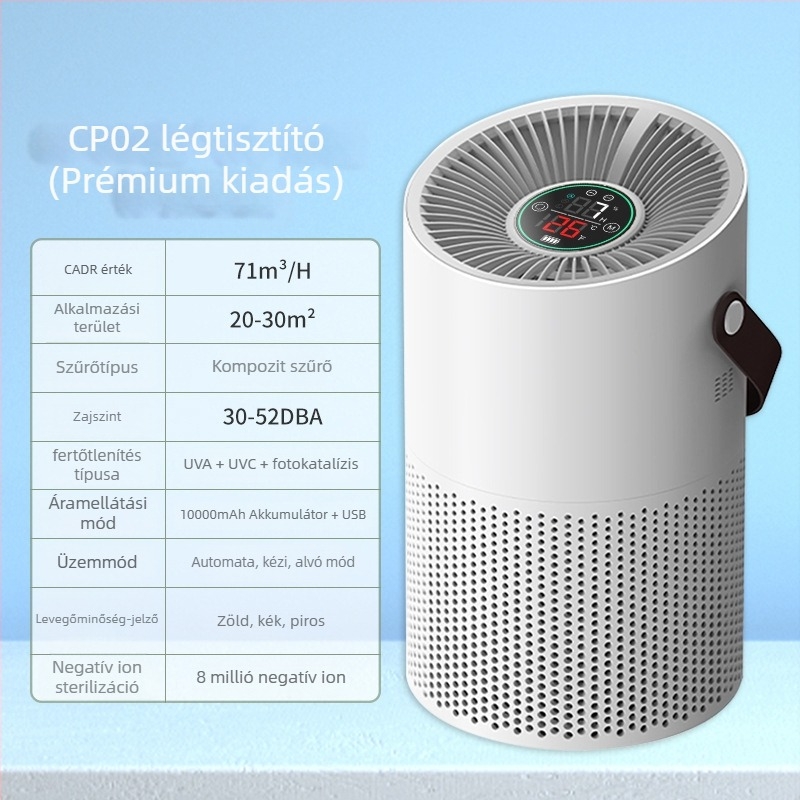 Beltéri levegőtisztító formaldehid eltávolítással, negatív ion technológiával, 50 m³/h légáramlás, zaj < 36 dB, 11–20 m²-es területhez
