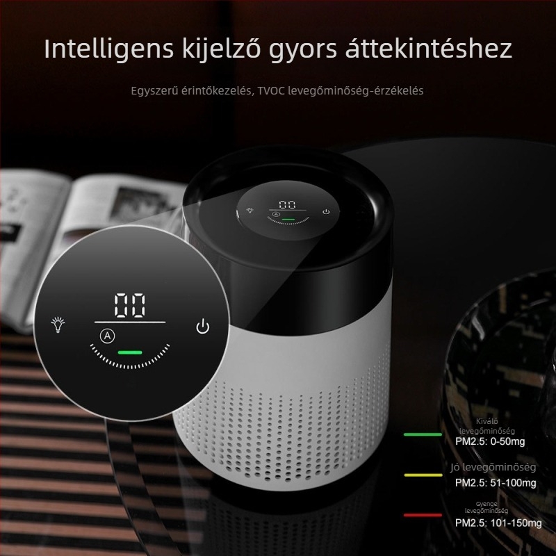 Asztali levegőtisztító negatív ionokkal; légáram 50 m³/h; zaj ≤ 36 dB; 11–20 m²-re alkalmas; kompozit szűrő; hálózati csatlakozás.
