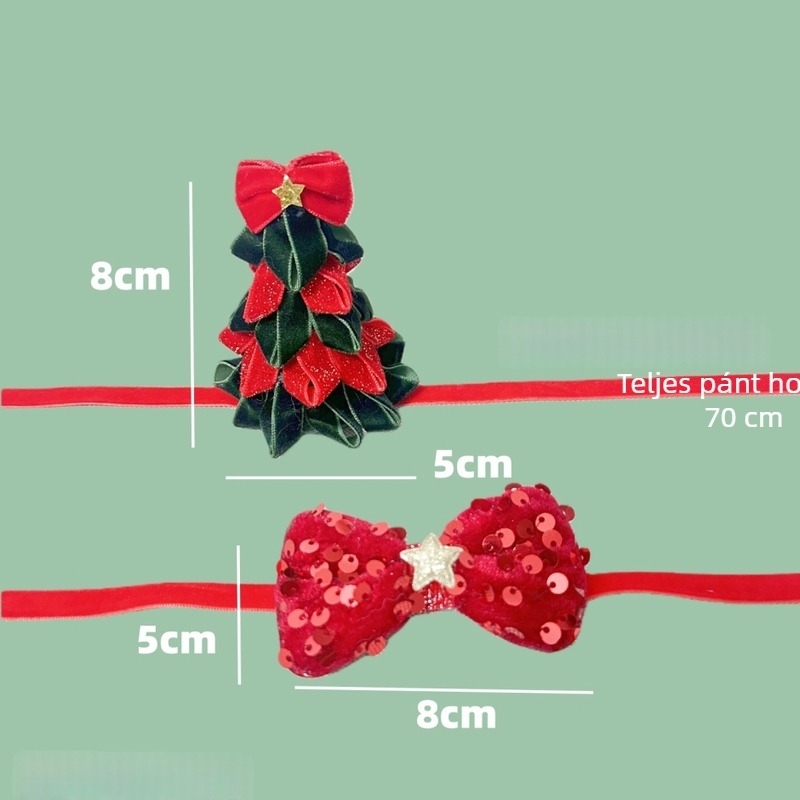 Velúr karácsonyi sapka kutyáknak és macskáknak, fenyőfa alakú, masnis díszítéssel