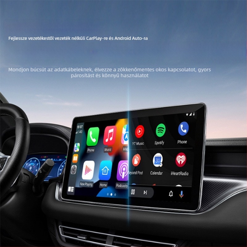 2 az 1-ben vezeték nélküli CarPlay és Android Auto autó kijelzőhöz; műanyag ház, kijelző, érintőképernyő, alaplap — 1 év garancia.