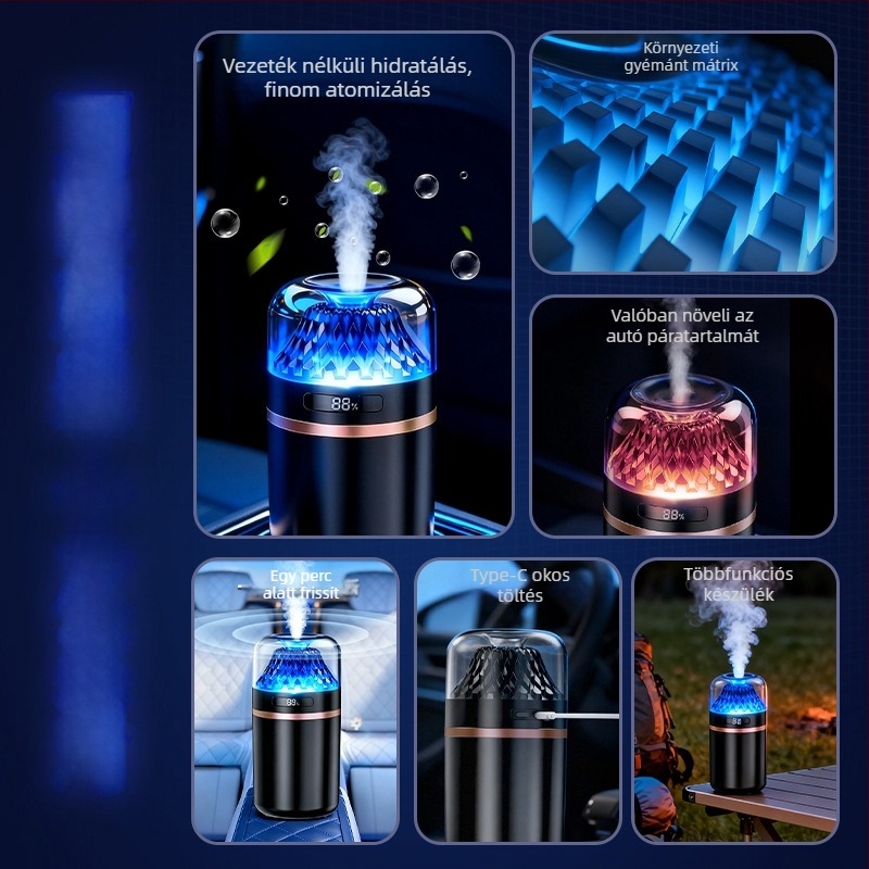 Autó aromaterápiás levegőtisztító és párásító, USB táplálású 5W, 10–20 m² belső területhez, 1 köd kimenet, zaj 36–45 dB