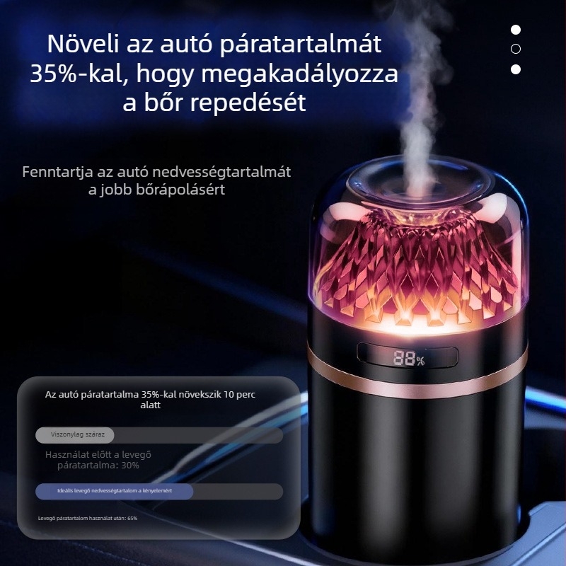 Autó aromaterápiás levegőtisztító és párásító, USB táplálású 5W, 10–20 m² belső területhez, 1 köd kimenet, zaj 36–45 dB