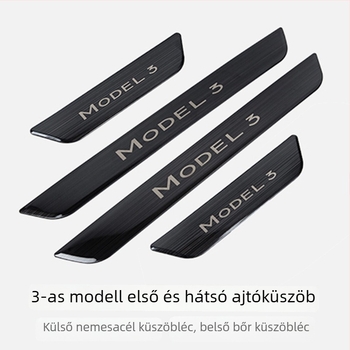 Tesla Model 3/Y Elő- és hátsó ajtó küszöbvédő fólia, bőr belső/külső borítással és rozsdamentes acél üdvözlő pedállal