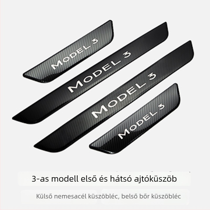 Tesla Model 3/Y Elő- és hátsó ajtó küszöbvédő fólia, bőr belső/külső borítással és rozsdamentes acél üdvözlő pedállal