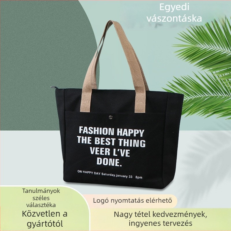 Pamut vászontáska egyedi logóval, egy vállpántos kialakítás, nagy kapacitás; nyomtatási eljárások: hőátvitel, szitanyomás, gépi nyomtatás