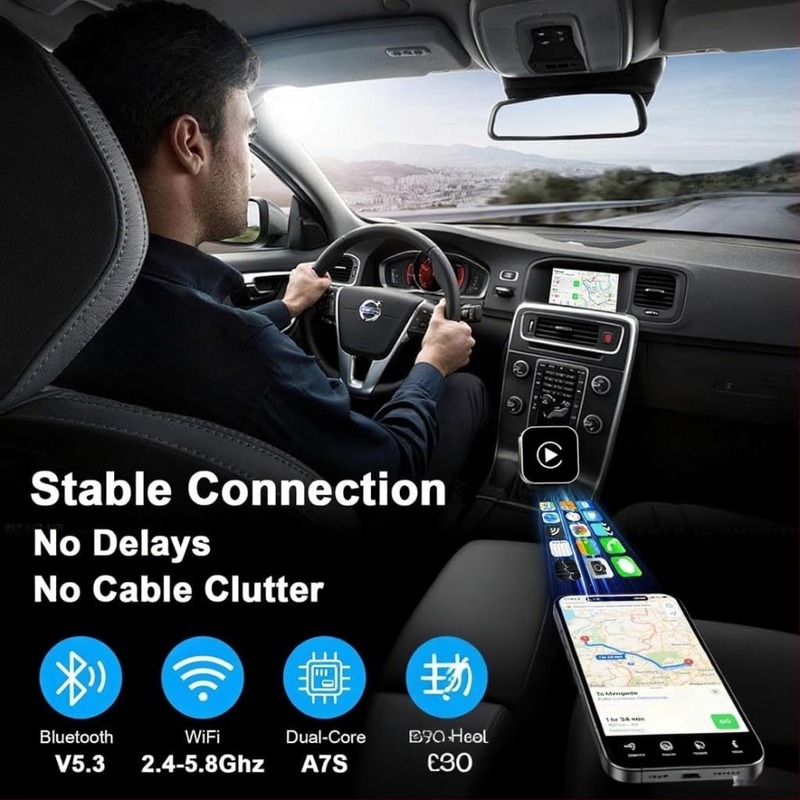 Vezeték nélküli CarPlay adapter autókhoz — kábel CarPlayt vezeték nélküli CarPlay-re alakítja, Android Auto kompatibil, univerzális, ABS+PC anyag, 41 g, 1 év garancia