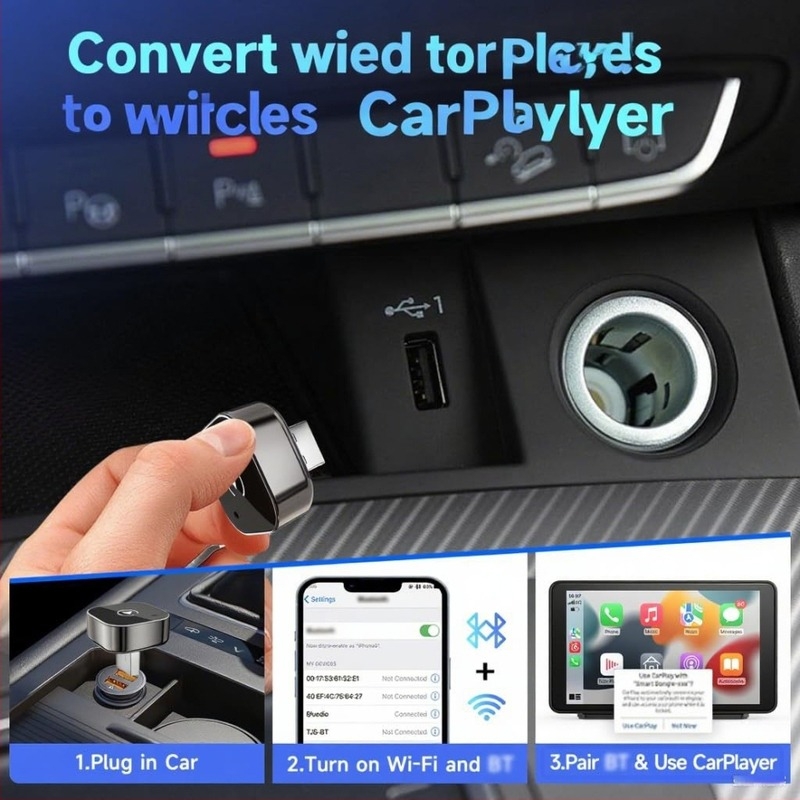 Vezeték nélküli CarPlay adapter autókhoz — kábel CarPlayt vezeték nélküli CarPlay-re alakítja, Android Auto kompatibil, univerzális, ABS+PC anyag, 41 g, 1 év garancia