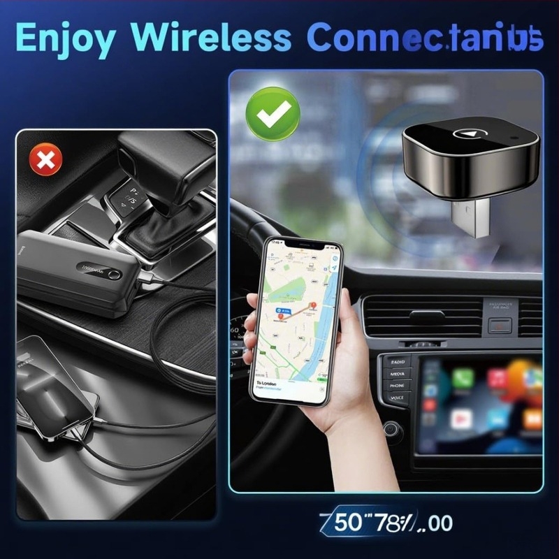 Vezeték nélküli CarPlay adapter autókhoz — kábel CarPlayt vezeték nélküli CarPlay-re alakítja, Android Auto kompatibil, univerzális, ABS+PC anyag, 41 g, 1 év garancia