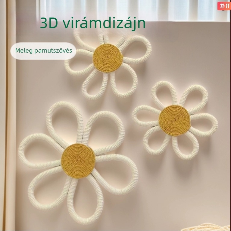 Kézzel készített pamut levél goblen falikép bohem margaréta és szivárvány függővel