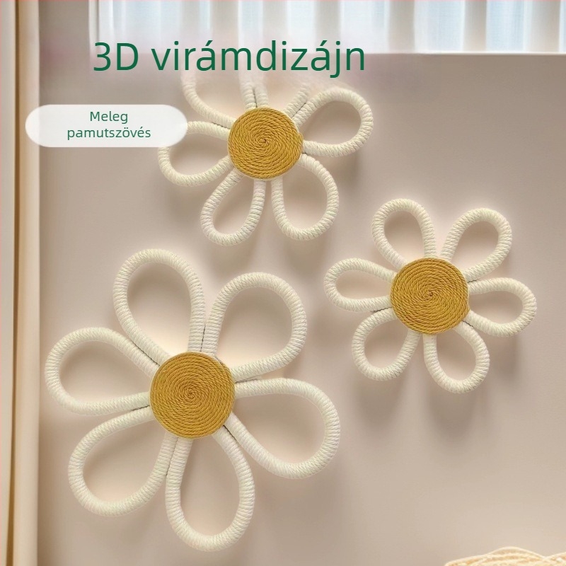 Kézzel készített pamut levél goblen falikép bohem margaréta és szivárvány függővel