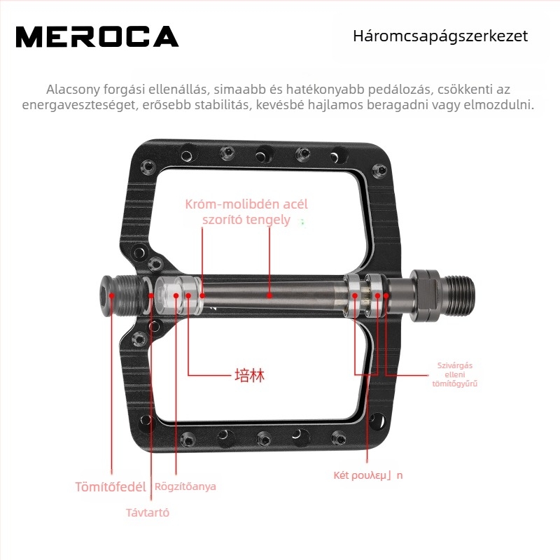 Meroca FR-25 pedálok MTB-hez és országúti kerékpárokhoz – alumínium ötvözet, Cr-Mo tengely, üreges nagy futófelület, csúszásmentes felület