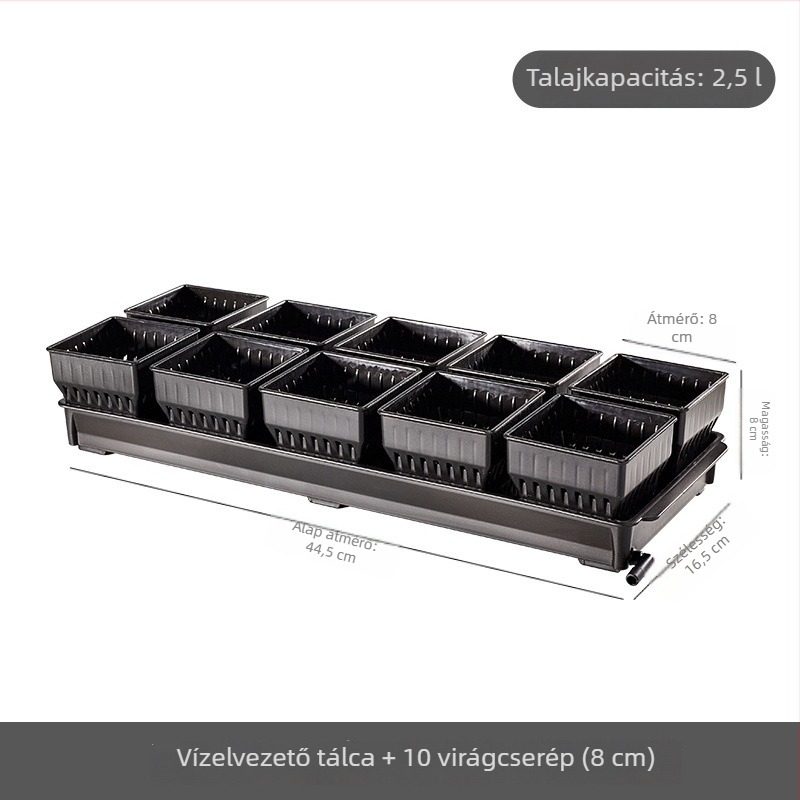 Műanyagból készült fehér, négyzet alakú szukkulens cseréptálkészlet tálcával, légáteresztő és integrált gyökérkontrollal.