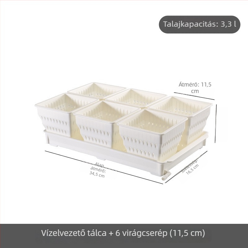 Műanyagból készült fehér, négyzet alakú szukkulens cseréptálkészlet tálcával, légáteresztő és integrált gyökérkontrollal.