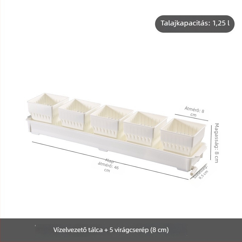 Műanyagból készült fehér, négyzet alakú szukkulens cseréptálkészlet tálcával, légáteresztő és integrált gyökérkontrollal.