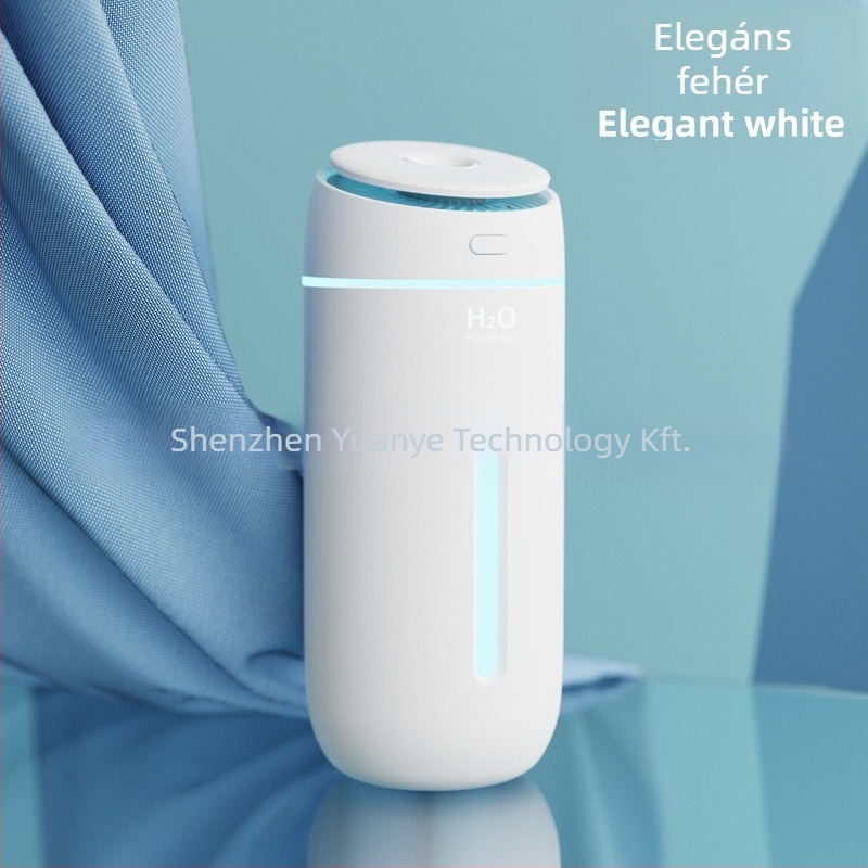 Asztali USB ultrahangos párásító éjszakai fényével, modell Q5 – hatókör legfeljebb 10 m², 0,5 l tartály, 1 ködkiárat, USB tápcsatlakozás, időzítő 2–8 h