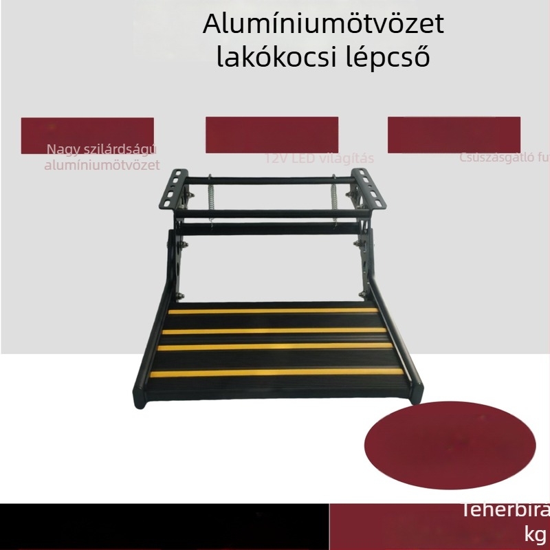 Model B: Lakókocsihoz készült elektromos összecsukható lépcső, egy- vagy kétszintes, világított belépő lépcső és alumíniumötvözetből készült kézi lépcső