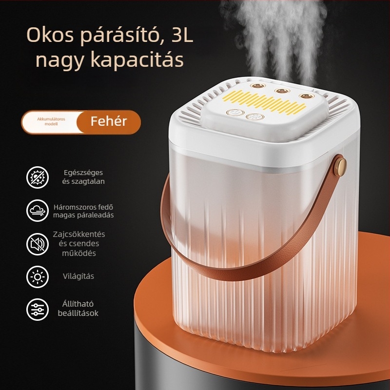 Párásító három permetező kimenettel, nagy kapacitású 2.6–4.0 L tartállyal, csendes üzem, USB-tápellátás, 10–20 m²-hez