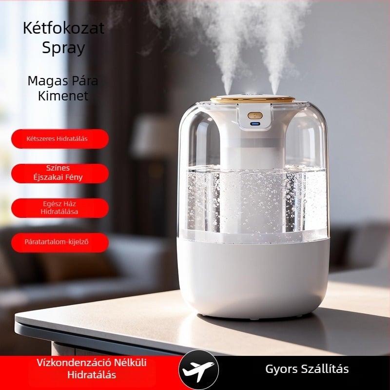 Légpárásító 21–30 m²-es szobákhoz, csendes működés, 2 párásító kimenet, 2.6–4.0 L tartály, távirányító