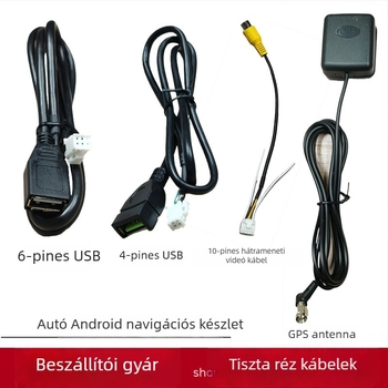 Android autó navigációs kábelköteg tápellátással, USB-vel, RCA-val, 4‑pin/6‑pin csatlakozókkal, GPS antenna és tolató kábel