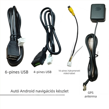 Android autó navigációs kábelköteg tápellátással, USB-vel, RCA-val, 4‑pin/6‑pin csatlakozókkal, GPS antenna és tolató kábel