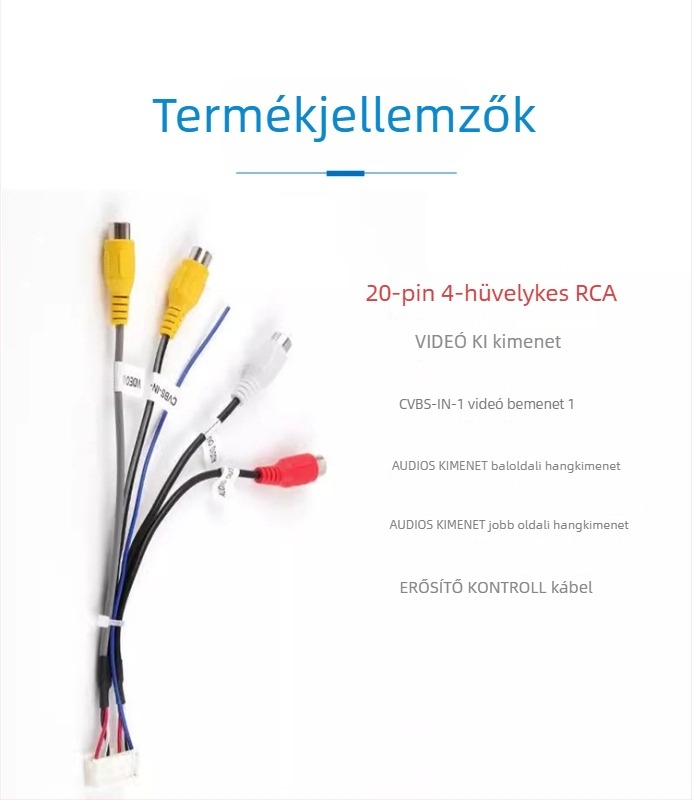 Android autó navigációs kábelköteg tápellátással, USB-vel, RCA-val, 4‑pin/6‑pin csatlakozókkal, GPS antenna és tolató kábel