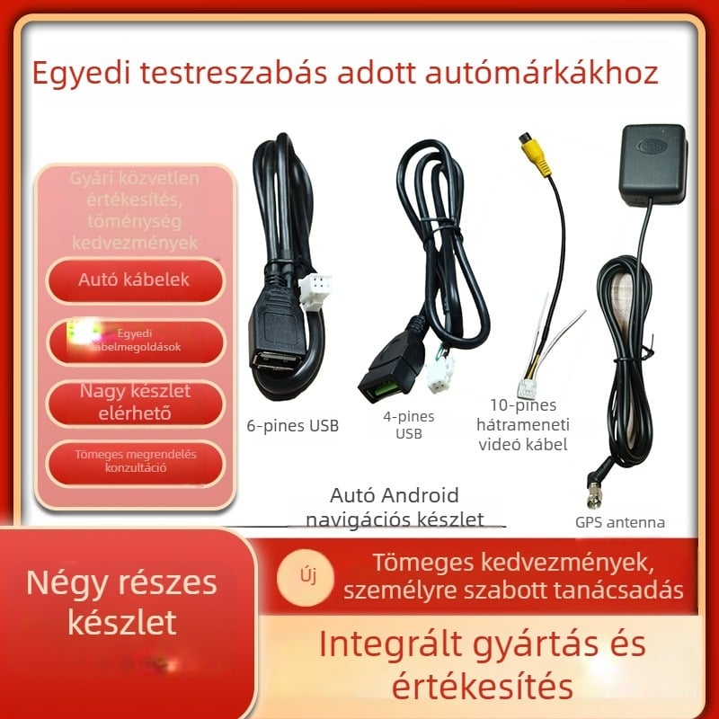 Android autó navigációs kábelköteg tápellátással, USB-vel, RCA-val, 4‑pin/6‑pin csatlakozókkal, GPS antenna és tolató kábel