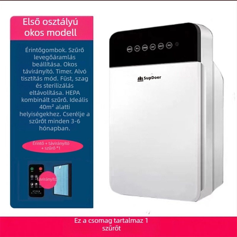 Formaldehid-eltávolító légtisztító, 330 m³/h légáramlás, <36 dB zajszint, 10 m² lefedettség, kompozit szűrő