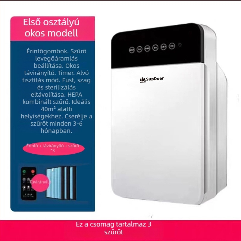 Formaldehid-eltávolító légtisztító, 330 m³/h légáramlás, <36 dB zajszint, 10 m² lefedettség, kompozit szűrő