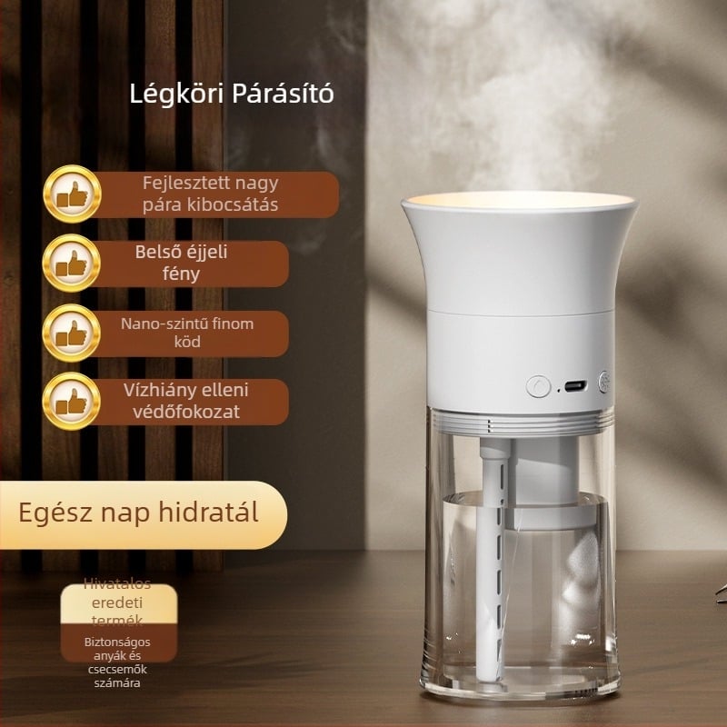 Asztali párásító aromaterápiával – USB tápellátás beépített akkumulátorral, 1 párásító nyílás, 41–60 m² fedettség, csendes működés <36 dB, időzítő 8 óránál hosszabb