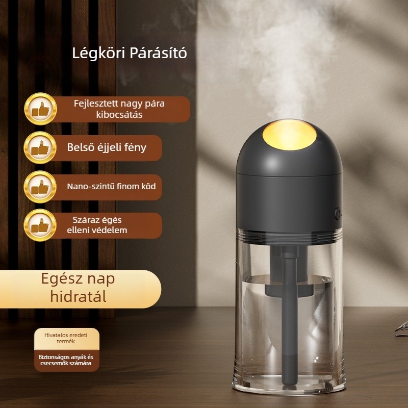 Asztali párásító aromaterápiával – USB tápellátás beépített akkumulátorral, 1 párásító nyílás, 41–60 m² fedettség, csendes működés <36 dB, időzítő 8 óránál hosszabb