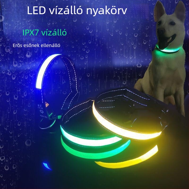 LED kutyanyakörv USB-töltésű, fényvisszaverő, villogó, vízálló
