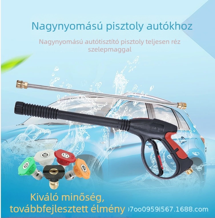 Hosszabbított magasnyomású autómosó pisztoly otthoni használatra, fej: réz és rozsdamentes acél, markolat technikai műanyagból, 3600 psi