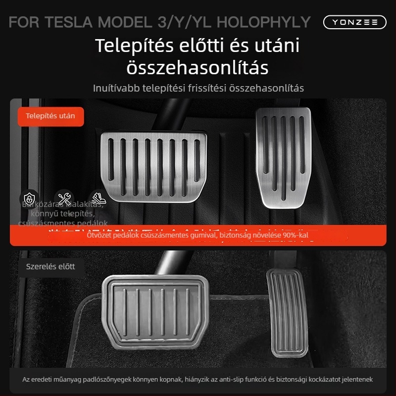 YZ rozsdamentes acél pedálok gyorsító és fék pedálpihenőfelülettel Tesla Model Y/3/X/S automata váltóhoz