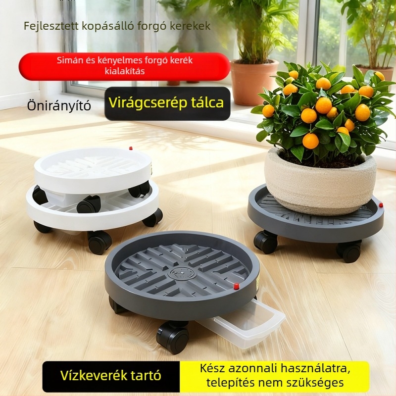 Virágcserép tartó görgőkkel – kör alakú műanyag alap, vízgyűjtő tállal, tartós