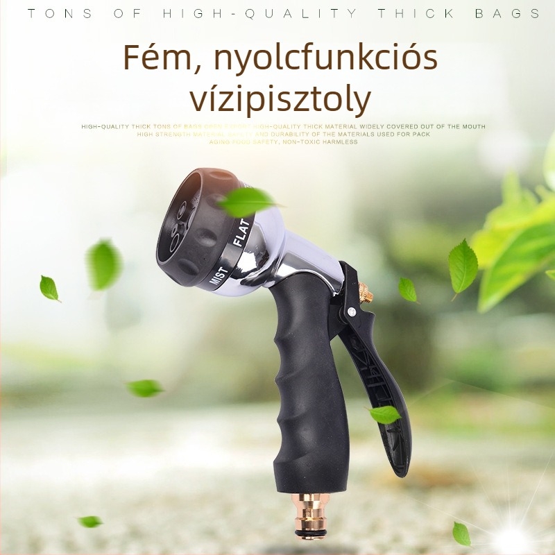 8 funkciós fémes színű autómosó vízpisztoly kerti öntözővel és mosóecsettel
