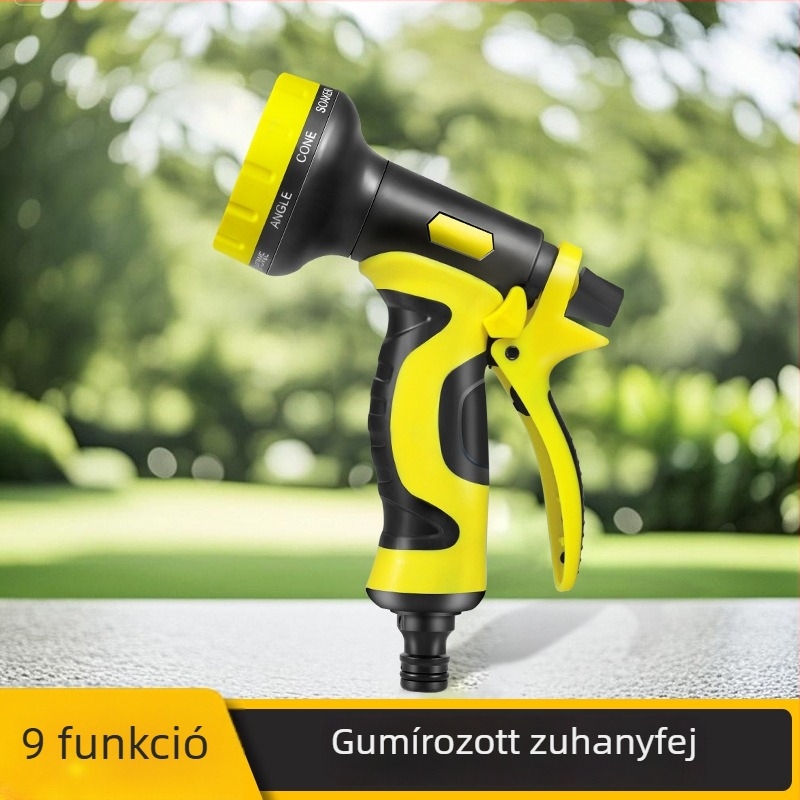 Nyolcfunkciós kerti öntöző- és autómosó permetezőpisztoly, ABS fej, PP fogantyú, gumiborított felület, állítható permetezés