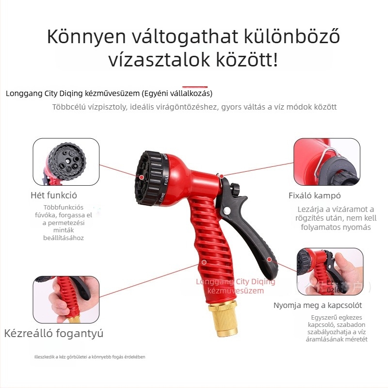 Kerti műanyag magasnyomású vízipisztoly műanyag fejjel és műanyag fogantyúval; permetezési távolság: 10; alkalmas autómosásra és kerti öntözésre, csapvíz használatával