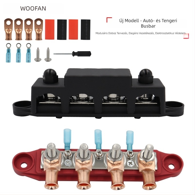 M8/M10 csavarokkal ellátott busbar doboz, 48V 250A, autók, lakókocsik, hajók és jachtok számára; anyag: tűzálló nylon + rozsdamentes acél + sárgaréz