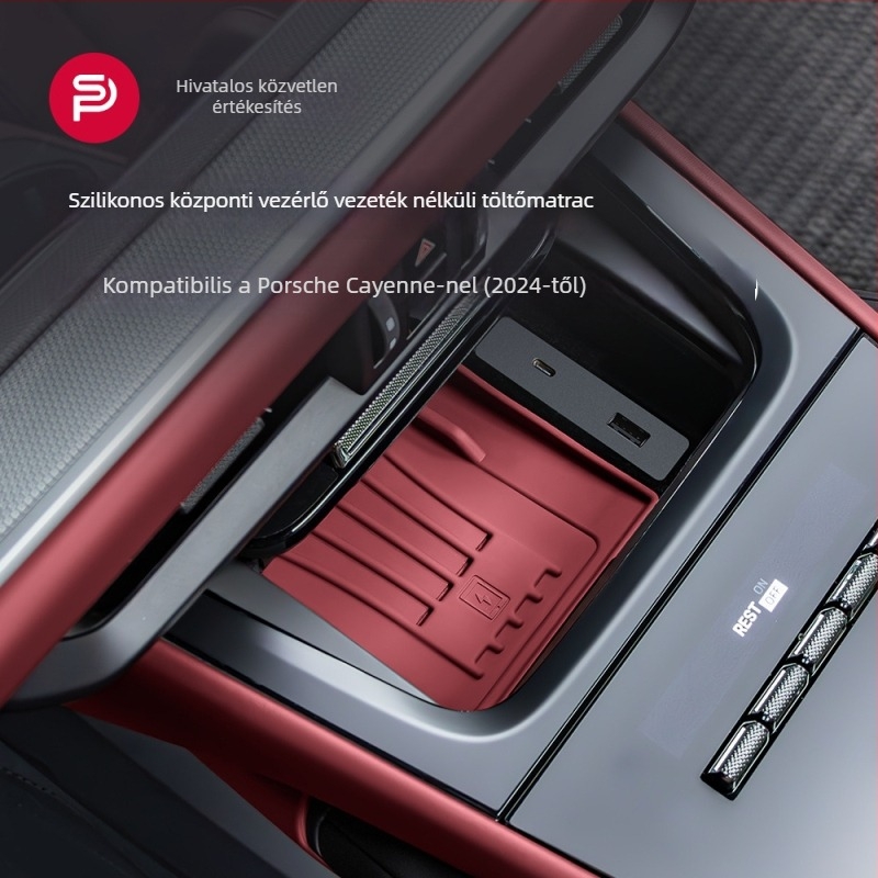 Porsche Cayenne középkonzolhoz készült szilikon vezeték nélküli töltőpad – csúszásmentes belső kiegészítő, testreszabható