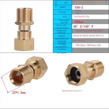 Magasnyomású mosó feje és kezelőrésze réz‑rozsdamentes acélból, 360°-os anti-tekeredés forgócsukló és univerzális csukló, permetezési távolság 10, víznyomás 10