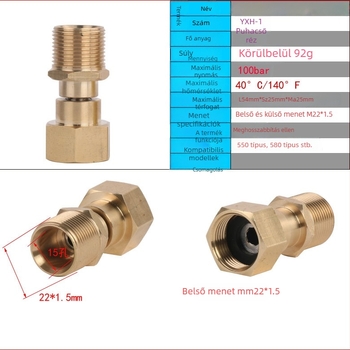 Magasnyomású mosó feje és kezelőrésze réz‑rozsdamentes acélból, 360°-os anti-tekeredés forgócsukló és univerzális csukló, permetezési távolság 10, víznyomás 10