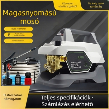 Hordozható 220V-os magasnyomású autómosó rézmagos motorral, 1800W névleges / 3200W csúcs, max 100 bar, 12 L/min