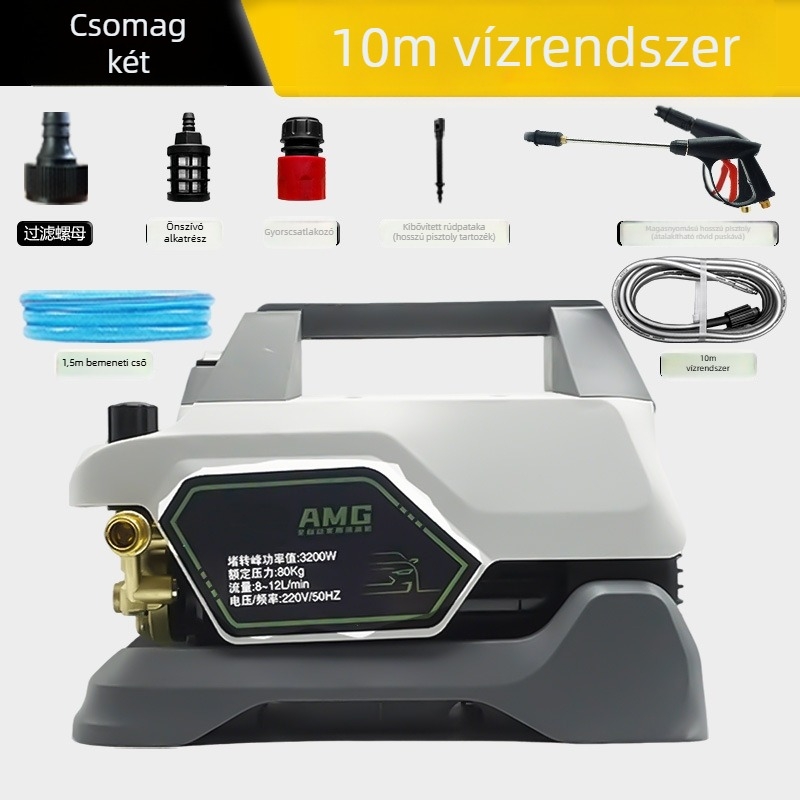 Hordozható 220V-os magasnyomású autómosó rézmagos motorral, 1800W névleges / 3200W csúcs, max 100 bar, 12 L/min