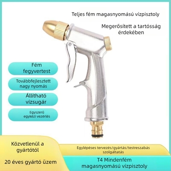 Magasnyomású autómosó pisztoly és kertöntöző — fej: fémötvözet, fogó: alumíniumötvözet, permetezési távolság 6–8, működik csapvízzel