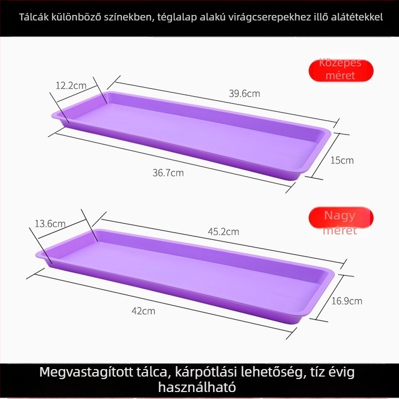 Műanyag virágtálca, téglalap alakú, vízelvezető tálca, színes, hosszú és nagy méretű