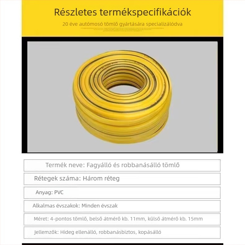 PVC vízipisztolycső magasnyomású autómosáshoz; környezetbarát, nem toxikus, UV-álló; bemeneti vízhőmérsékletének maximális értéke 50°C