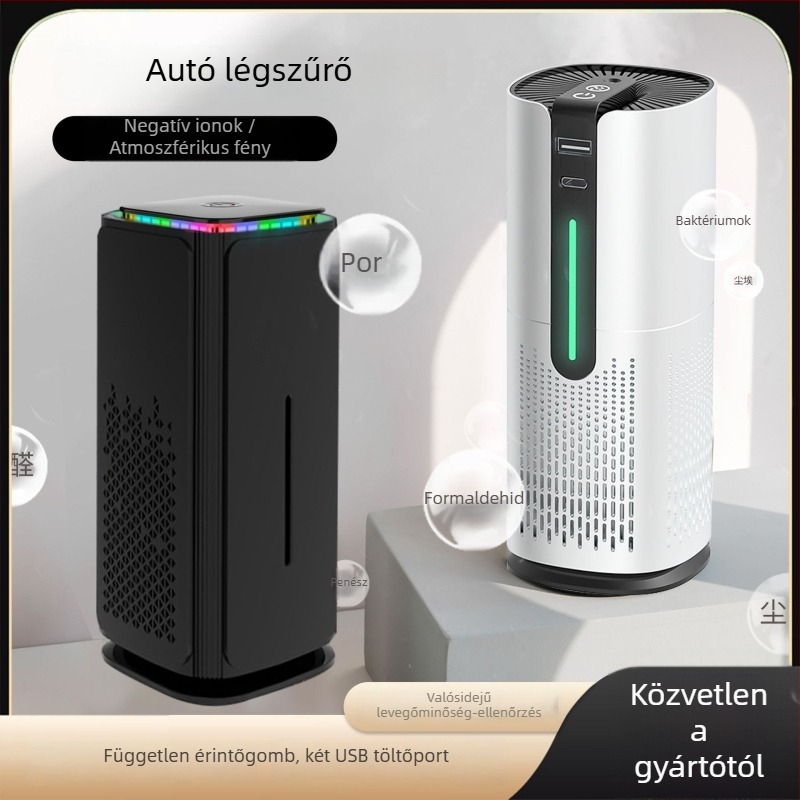 Gépjármű belső levegőtisztító negatív ion technológiával — eltávolítja a formaldehidet, 50 m3/h légáramlat, zaj 36 dB alatt, alkalmas terület max. 10 m2