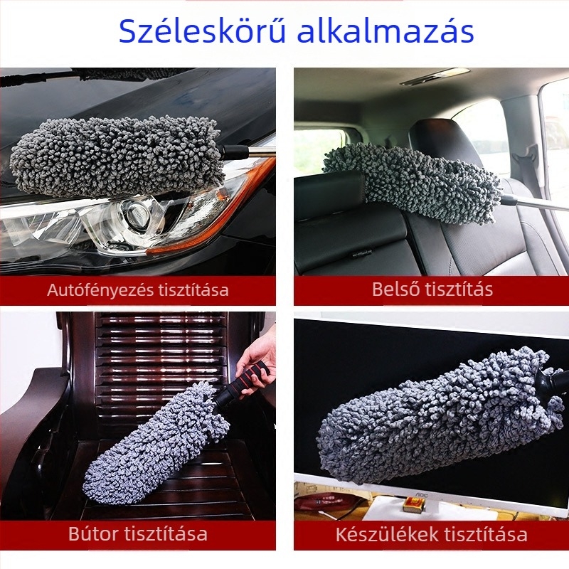 Körkörös mikroszálas autómosó kefe teleszkópos nyéllel és lágy szálakkal a wax felvitelére és a por eltávolítására