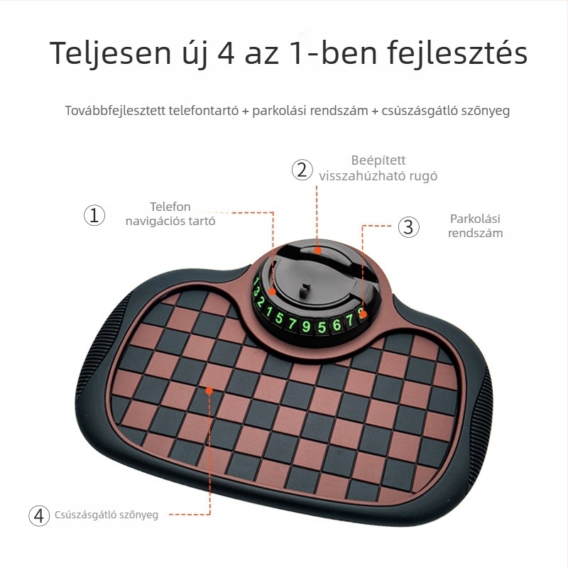Autó műszerfalára illeszkedő anti-slip alátét telefon tartóval és rejtett parkolókártya-tárolóval