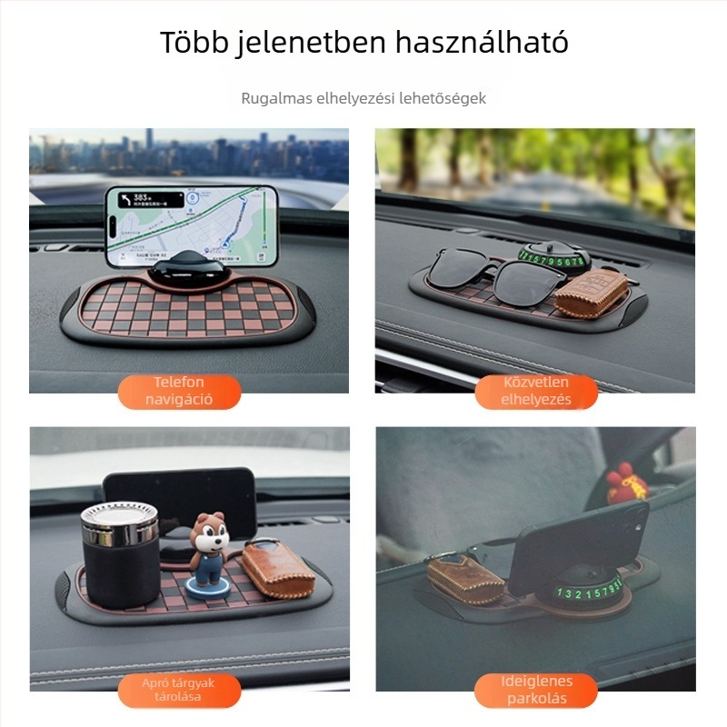 Autó műszerfalára illeszkedő anti-slip alátét telefon tartóval és rejtett parkolókártya-tárolóval
